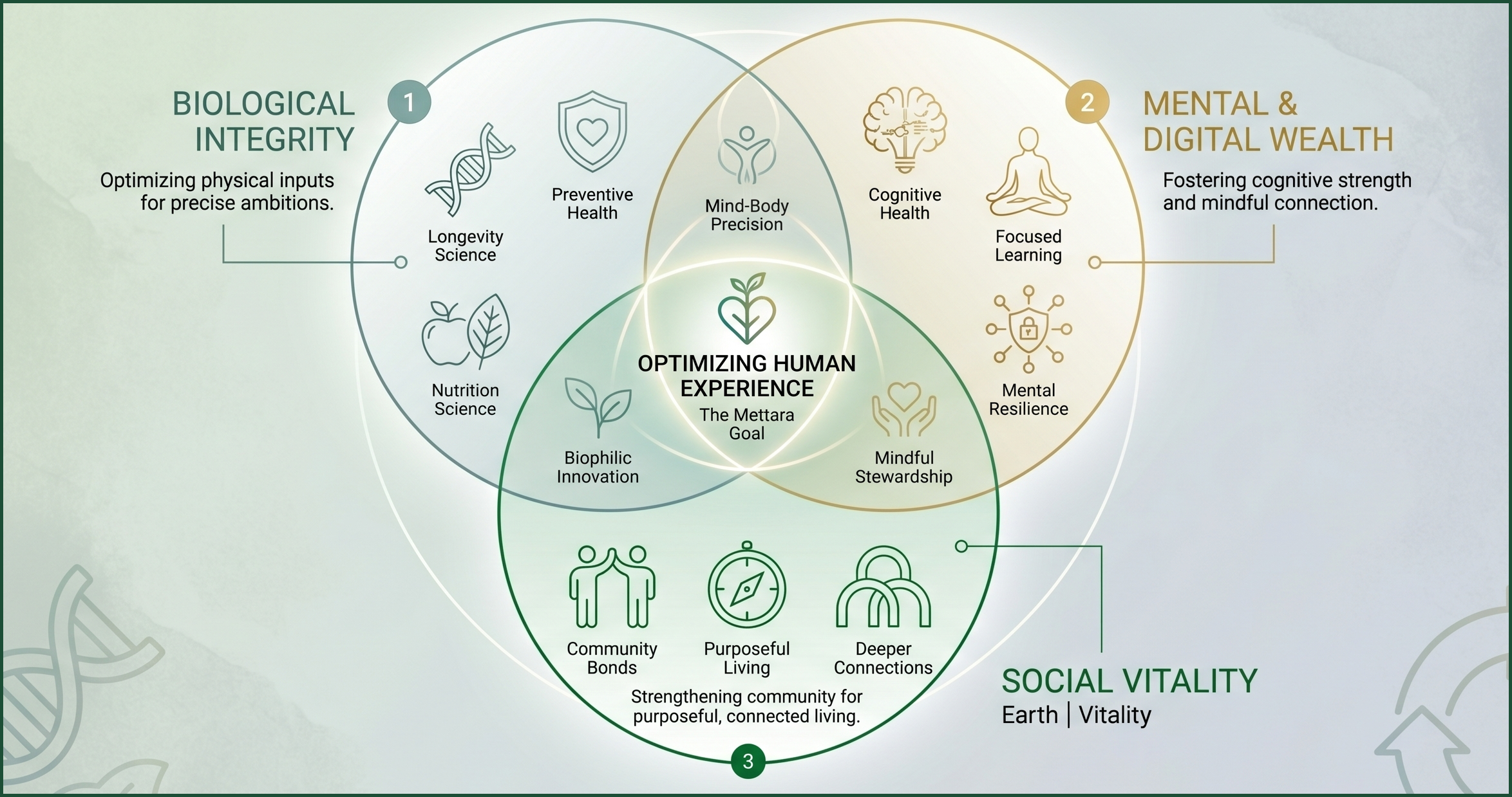 The Mettara Approach to Longevity — three pillars: Biological Integrity, Mental and Digital Wealth, Social Vitality